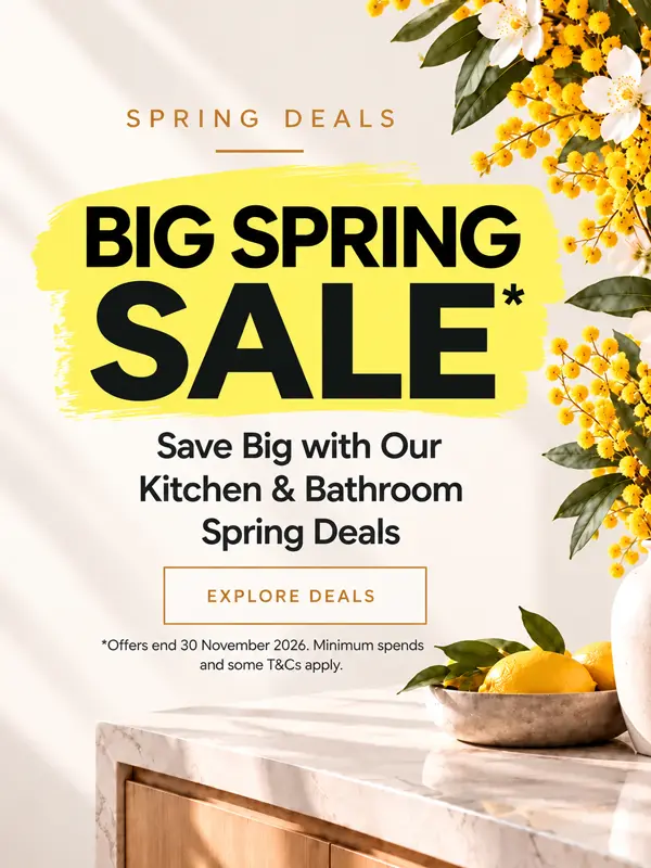Kellyville Kitchens & Bathrooms Big Spring Sale featuring 20% off kitchen cabinetry and doors and bathroom products and finishes.